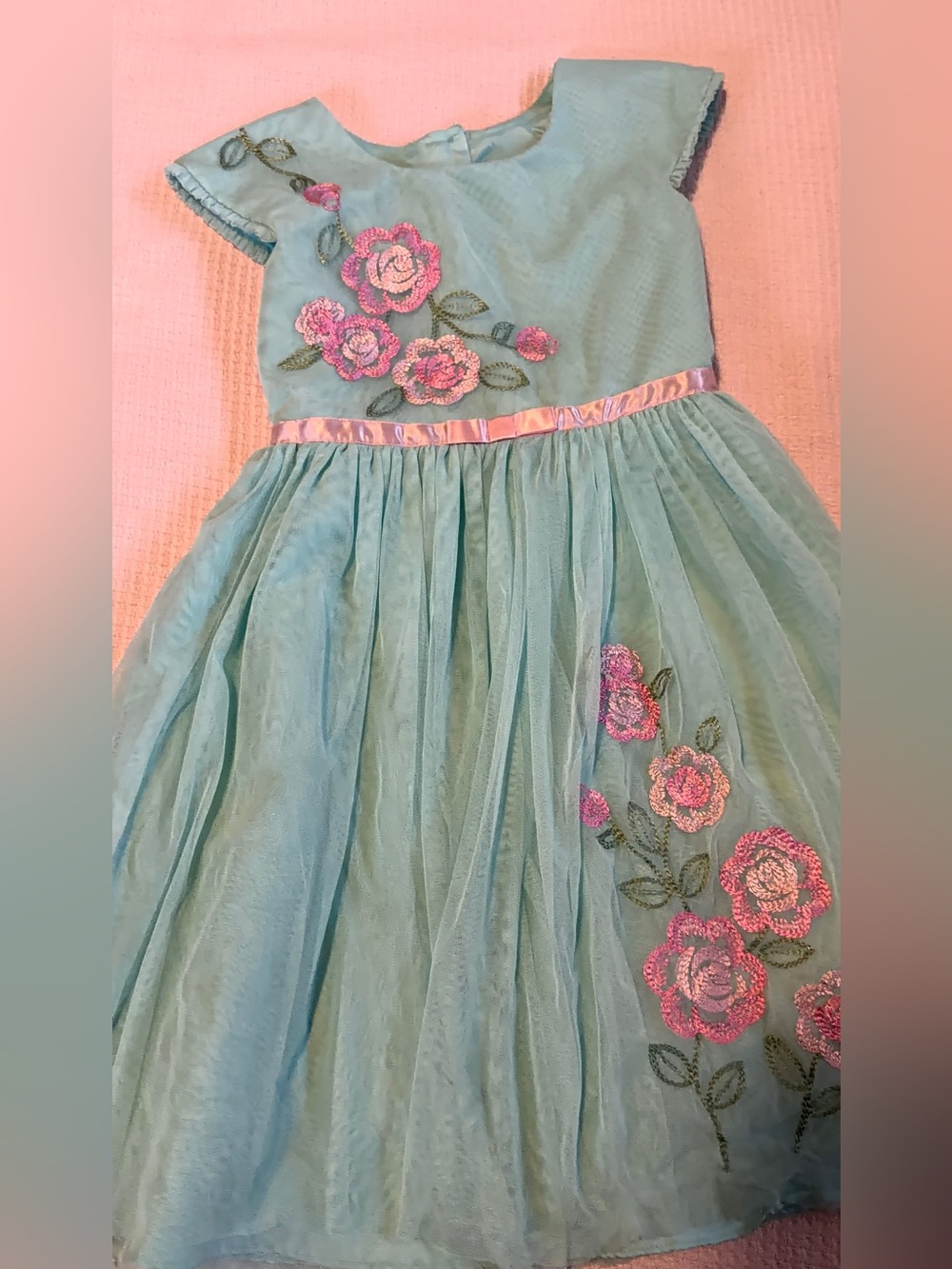 Jona Michelle Aqua Dress with Pink Floral Embroidery